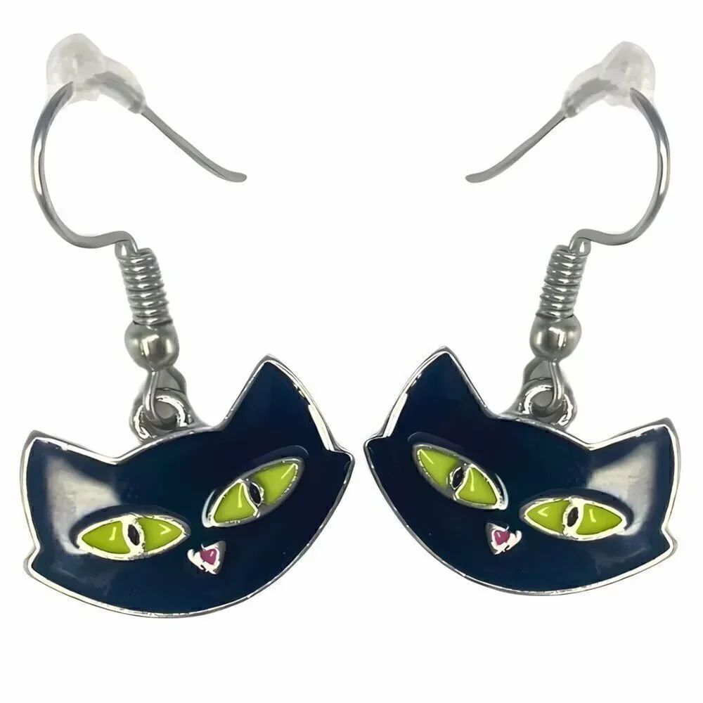 Gothic Black Hep Cat Green Eyes Drop Earrings Halloween Accessory Cat Lovers